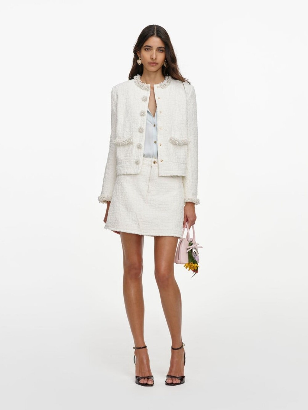 Self Portrait Cream Textured Denim Jacket